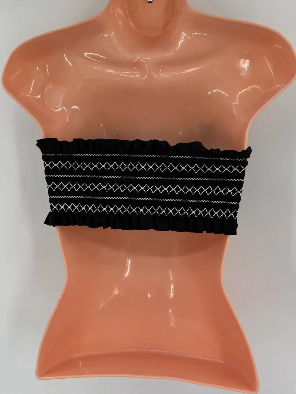 Tory Burch Costa Smocked Bandeau Bikini Top | Black New Ivory | Small